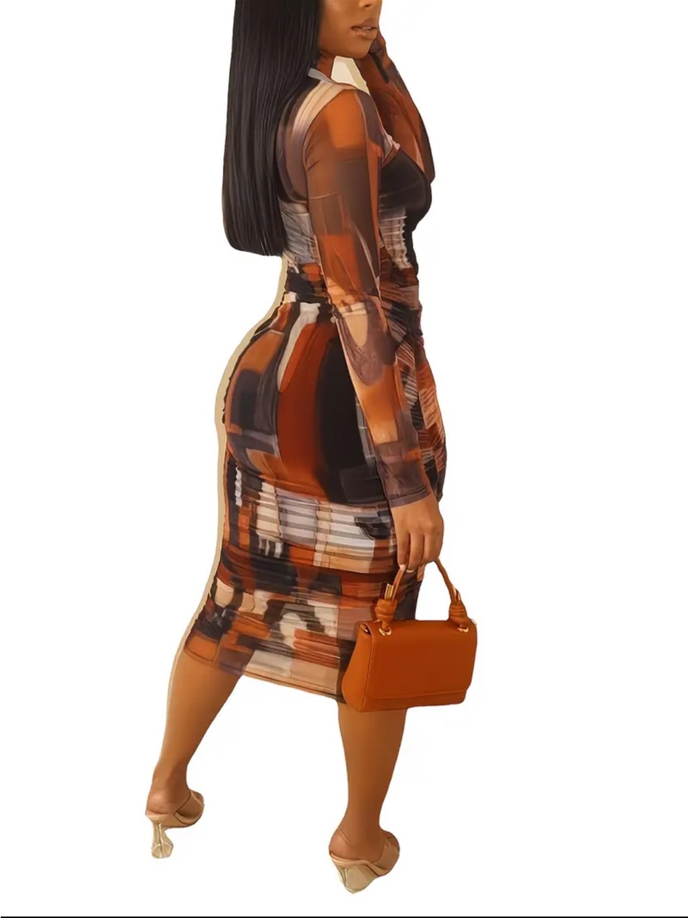 Sheer Abstract Print Long Sleeve Bodycon Dress - Brown